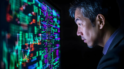 Focused Businessman Examining Luminous Data Screen