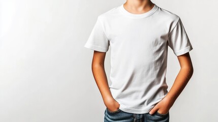 Obraz premium Close-up view of a boy in a plain white t-shirt and jeans.