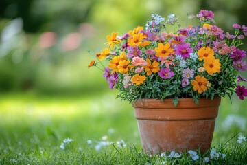 Naklejka premium Colorful flower arrangement in terracotta pot with lawn background evoking summer gardening and eco horticulture themes 