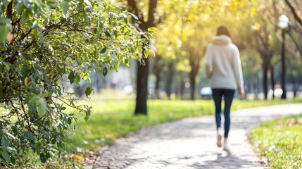 Obraz premium A solitary figure strolls along a tranquil park path.