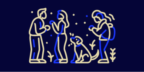 Naklejka premium Monoline Flat Icon of People Interacting with Dog in Nature Scene