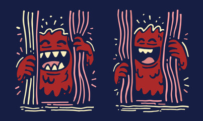 Obraz premium Playful Doodle of Happy Monster Peeking from Behind Curtains