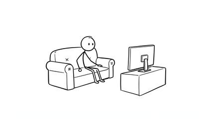Simple Stick Figure Watching Television on a Comfortable Couch