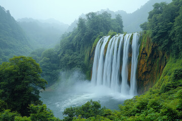 Fototapeta premium Breathtaking Waterfall Cascading Over a Steep Cliff in a Dense Forest