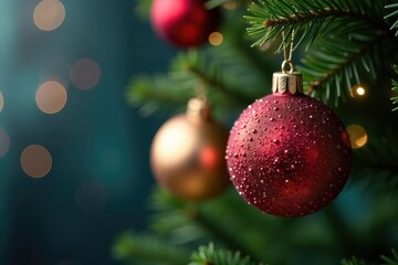 Obraz premium Sparkling Christmas tree ornaments hanging on a decorated tree branch , bauble, christmas tree decorations, lights