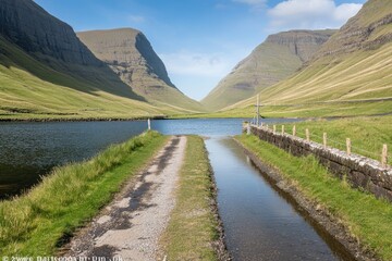 Mountain valley with lake and pathway
