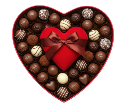 Heart-shaped chocolate box with hidden bow wrapped velvet heart gift inside, double surprise, romantic gesture, two-in-one present, for Valentine's Day, celebrations. Isolated on transparent - Powered by Adobe