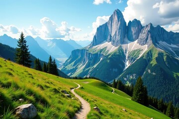 Fototapeta premium Stunning panoramic view of the Dolomites plateau, hiking trails winding through alpine meadows and rugged peaks , scenery, vista