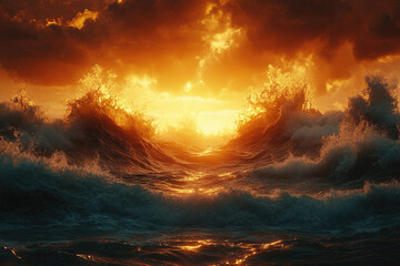 Golden Sunset Reflecting on Ocean Waves with Mist Rising