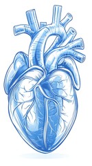 A detailed anatomical illustration of a human heart, depicted in blue tones, showcasing its chambers, valves, and major vessels