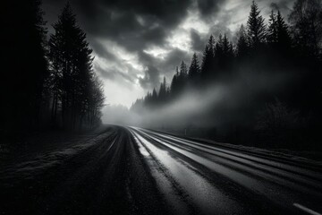 Fototapeta premium Atmospheric black and white photograph of a foggy pathway.