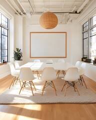 A minimalist meeting room with a large white table, white chairs, and a large blank frame on the wall. Sunlight shines through the windows, illuminating the room