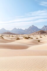 A vast expanse of sand dunes stretches out before a backdrop of distant mountains, under a clear blue sky