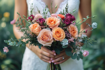 Naklejka premium Elegant Bride with a Bouquet of Roses in a Beautiful Garden