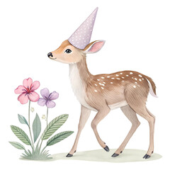 Cute fawn wearing party hat standing near flowers