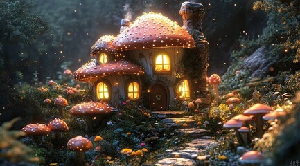 Enchanted mushroom house nestled in a magical forest at twilight.  Warm light illuminates the cozy home, surrounded by glowing fungi and vibrant flora