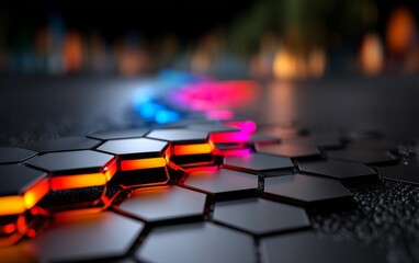 Obraz premium Digital Mesh of Hexagons with Glowing Dots on Dark Background