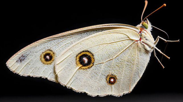 Close Up White Butterfly With Spots On Black Background - Powered by Adobe