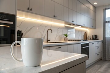 Obraz premium White Ceramic Coffee Mug on a Light Countertop in Modern Kitchen Generative AI