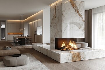 Contemporary interior design featuring a marble fireplace.