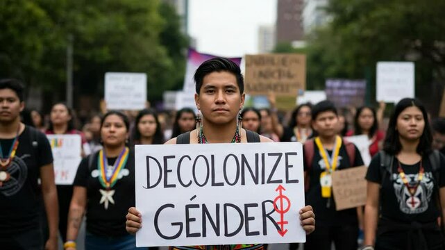 Young Indigenous Man Leading a Protest for Gender Decolonization Amidst a Crowded Demonstration in a City Street