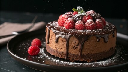 Decadent Chocolate Cake with Raspberries and Melted Glaze Drizzle
