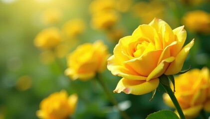 Vibrant yellow roses in full bloom, close-up view , rose bush, macro, closeup