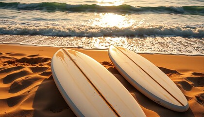 Sun-bleached surfboards rest on golden sand, ocean waves in background, relax, sea
