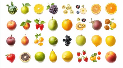 Colorful fruits and berries collection isolated on white background.
