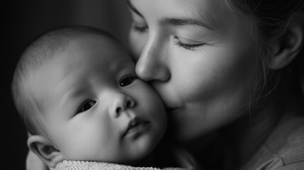 Mother kissing baby intimate portrait home setting emotional bond