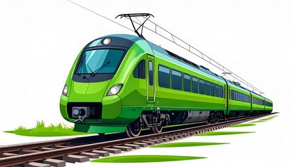 Obraz premium Sleek green high speed train traveling on tracks modern rail transport illustration