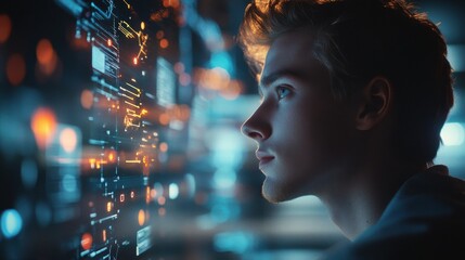 A focused individual gazes thoughtfully at a digital interface, surrounded by glowing data points and abstract visuals representing technology and innovation.