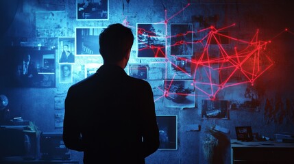 Detective silhouette studying evidence wall with crime scene photos and red string connections in dark room with dramatic blue light. Criminal investigation and mystery solving visualization