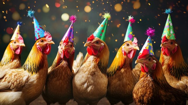 Chickens in colorful party hats celebrating with joy and laughter, festive scene humor, celebrations, quirky animal themes, birthday. whimsical festive banner web poster design card wallpaper