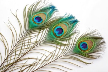 Obraz premium Elegant Peacock Feathers Displayed on White Background