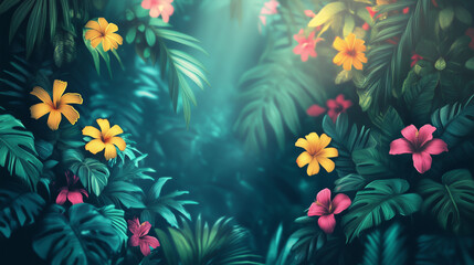 Lush tropical flowers in a vibrant jungle background  
