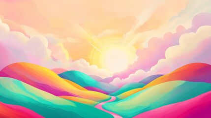 Vibrant sunrise over colorful rolling hills with fluffy clouds  