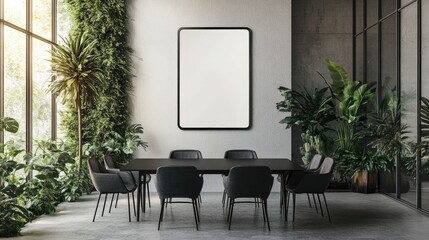 Modern dining area with a blank poster.
