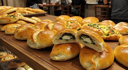 Freshly baked bread display at a bakery
