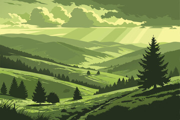 Fototapeta premium 123 stunning landscape, lush green hills and valleys, dramatic cloudy sky with sunbeams, majestic mountains in the distance, pine trees in the foreground, atmospheric lighting, vibrant colors, digital