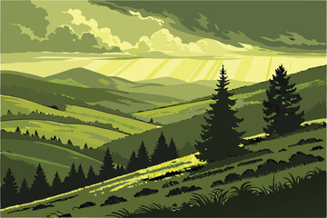 Fototapeta premium 123 stunning landscape, lush green hills and valleys, dramatic cloudy sky with sunbeams, majestic mountains in the distance, pine trees in the foreground, atmospheric lighting, vibrant colors, digital