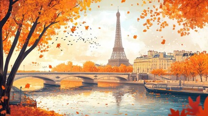 Seine in Paris with Eiffel tower in autumn time illustration , no logos, no brands