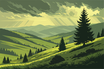 Fototapeta premium 123 stunning landscape, lush green hills and valleys, dramatic cloudy sky with sunbeams, majestic mountains in the distance, pine trees in the foreground, atmospheric lighting, vibrant colors, digital