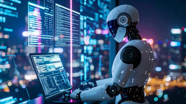 Robot Coding on Laptop at Night Cityscape Background