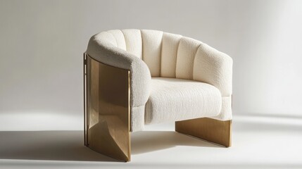 Elegant, modern upholstered armchair with brass accents.