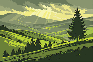 Fototapeta premium 123 stunning landscape, lush green hills and valleys, dramatic cloudy sky with sunbeams, majestic mountains in the distance, pine trees in the foreground, atmospheric lighting, vibrant colors, digital