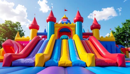 Colorful Inflatable Castle Bounce House with Slides Fun Outdoor Kids Party Playground