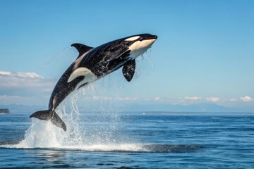 Fototapeta premium Killer Whale Leaps From Ocean in Stunning Display Near Coast Generative AI