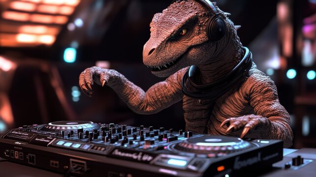 A TRex DJ in the midst of a set, headphones on, as it expertly drops the bass, turning the decks with its gigantic, yet delicate hands