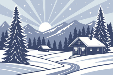 124 beautiful mountains, snowy landscape, log cabins, pine trees, winter scenery, sun rays, dramatic sky, peaceful, serene, idyllic, winter wonderland, scenic, landscape photography